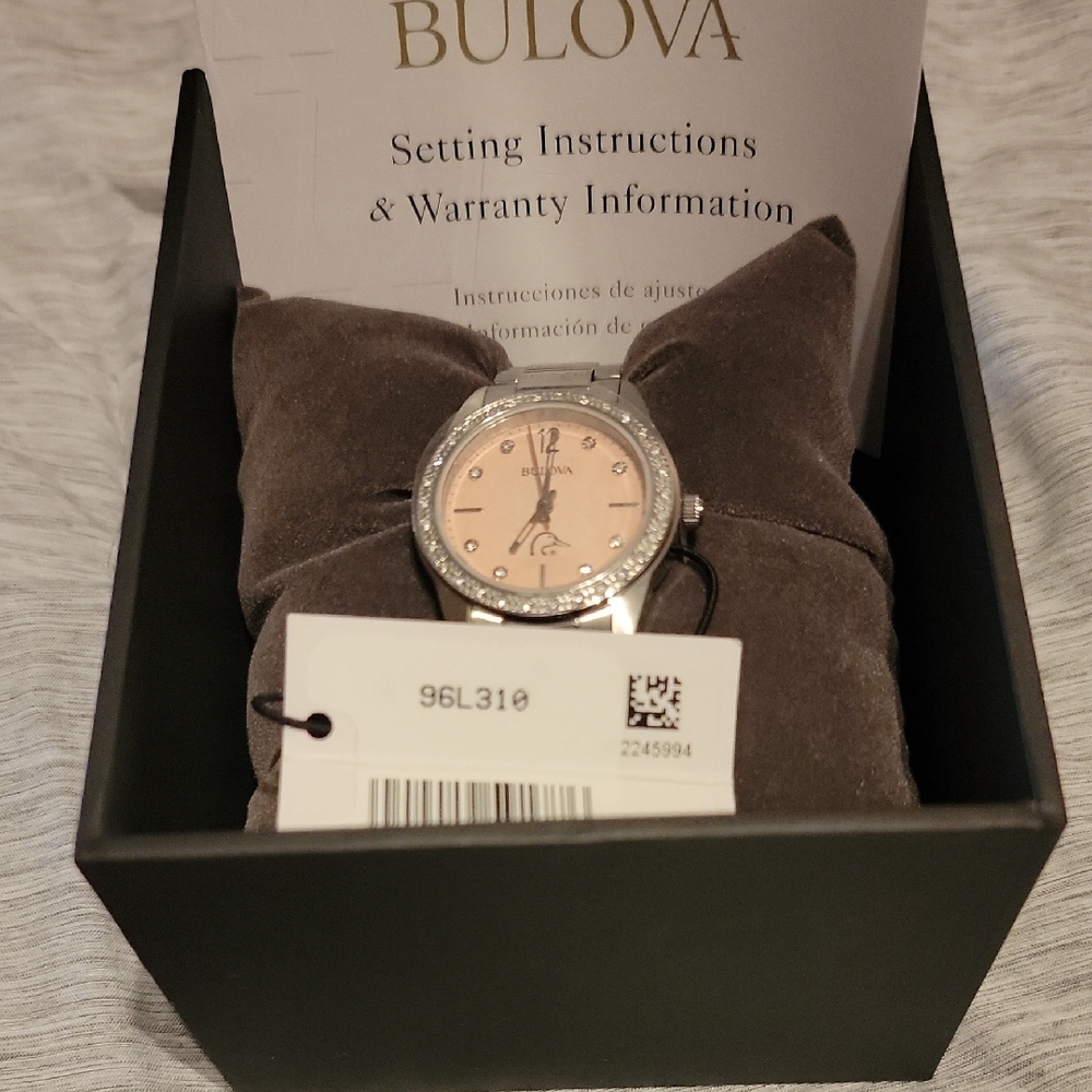 Bulova Silver Watch with Pink Dial & Swarovski Crystals